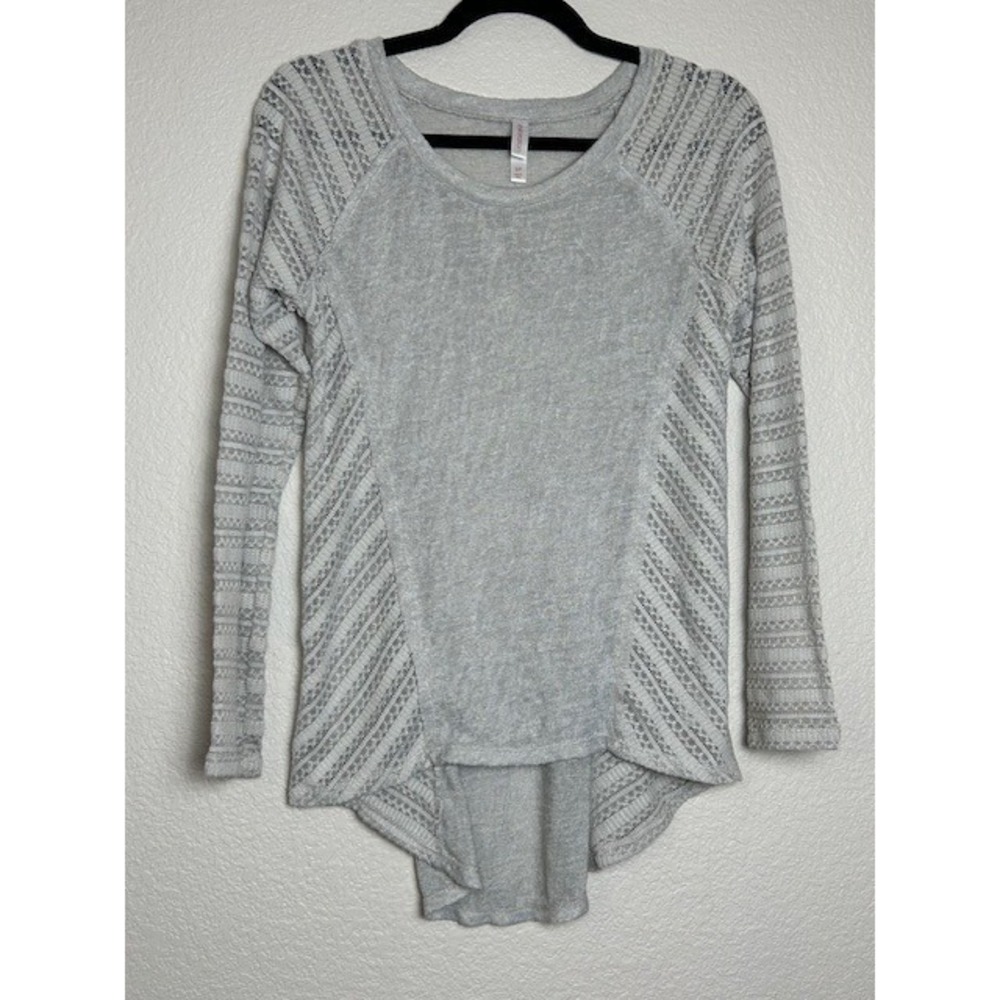 Xhilaration Womens S Gray Knit Sweater Lace Inset Lagenlook Raw Seams Semi-Sheer